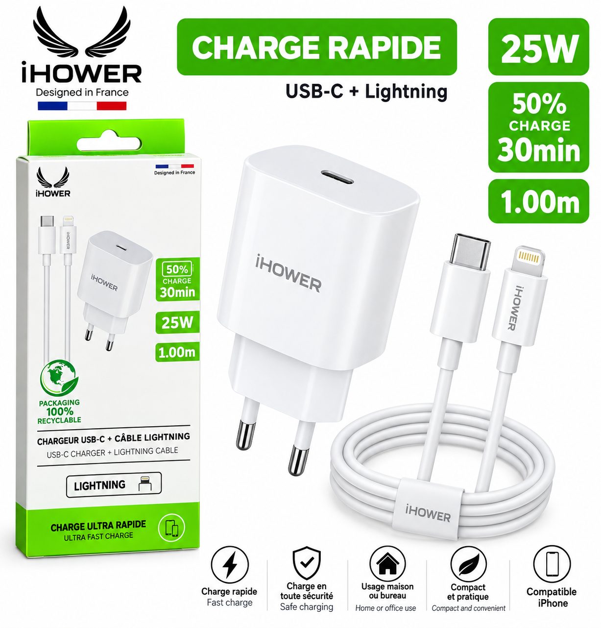 Chargeur Secteur USB-C 25W + Câble Lightning 1 m