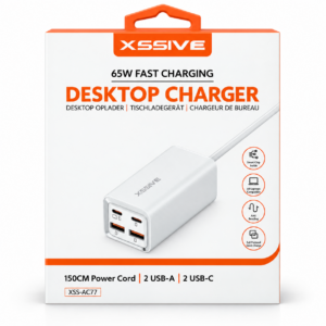 Chargeur de bureau XSSIVE 65W – 2 USB-C + 2 USB-A – Charge rapide