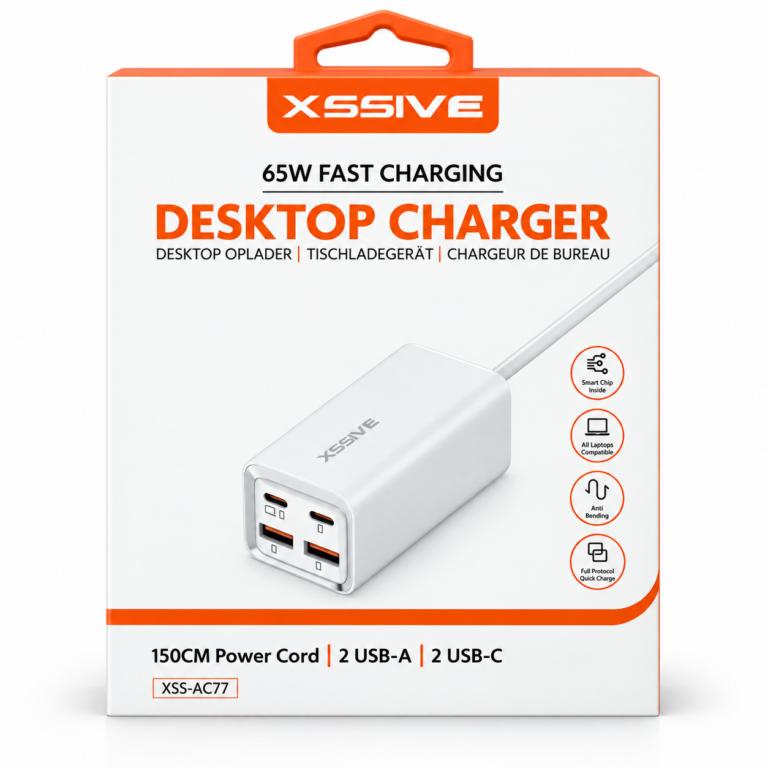 Chargeur de bureau XSSIVE 65W – 2 USB-C + 2 USB-A – Charge rapide
