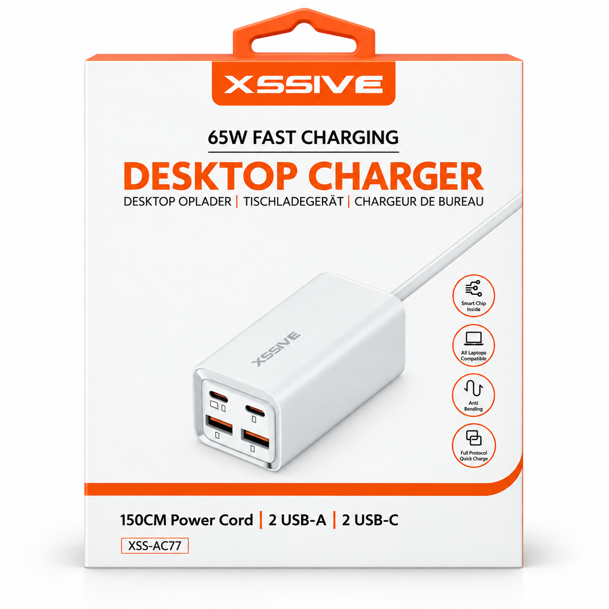 Chargeur de bureau XSSIVE 65W – 2 USB-C + 2 USB-A – Charge rapide
