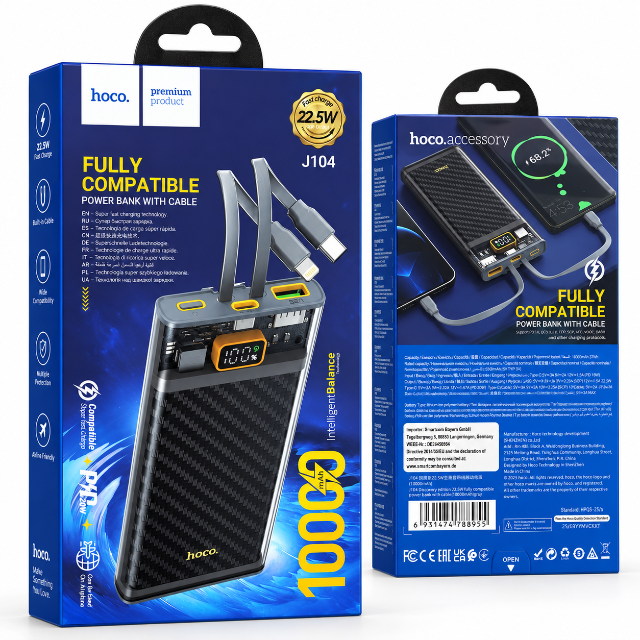 Batterie externe 10 000 mAh 22,5W avec câbles intégrés