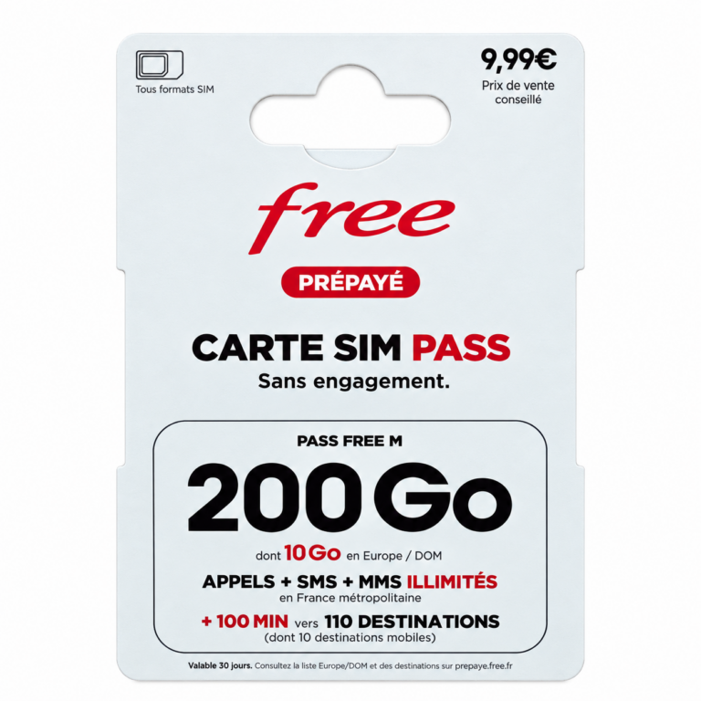 Carte SIM prépayée Free – Pass Free M 200 Go